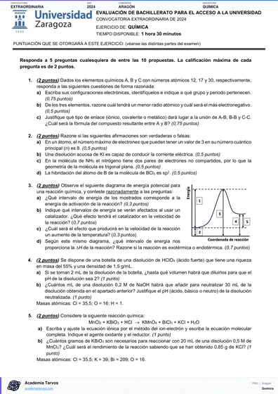 Vista previa de Examen PAU de Química de Aragón 2024 – Extraordinaria
