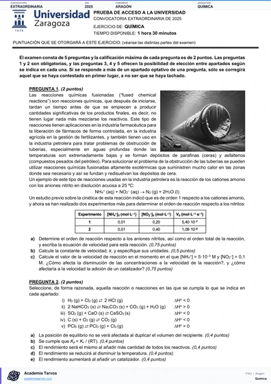 Vista previa de Examen PAU de Química de Aragón 2025 – Extraordinaria