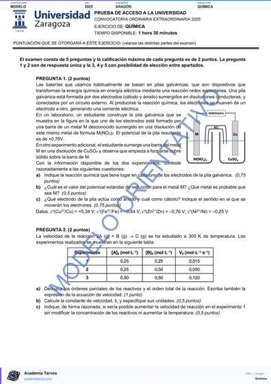 Vista previa de Modelo PAU de Química de Aragón 2025