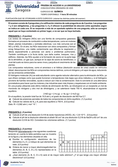 Vista previa de Examen PAU de Química de Aragón 2025 – Ordinaria