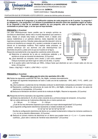 Vista previa de Examen PAU de Química de Aragón 2026 – Extraordinaria