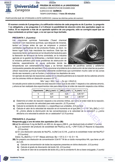Vista previa de Modelo PAU de Química de Aragón 2026