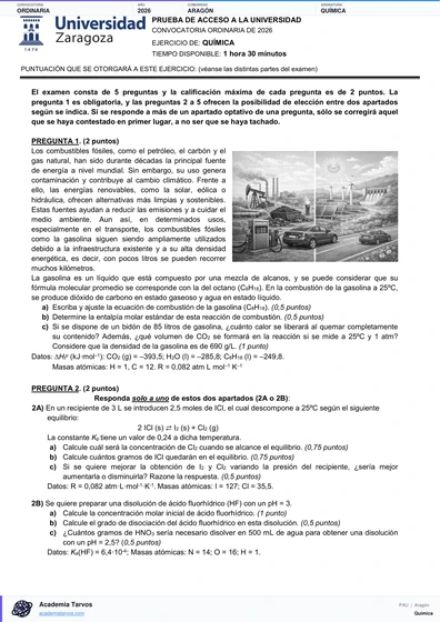 Vista previa de Examen PAU de Química de Aragón 2026 – Ordinaria