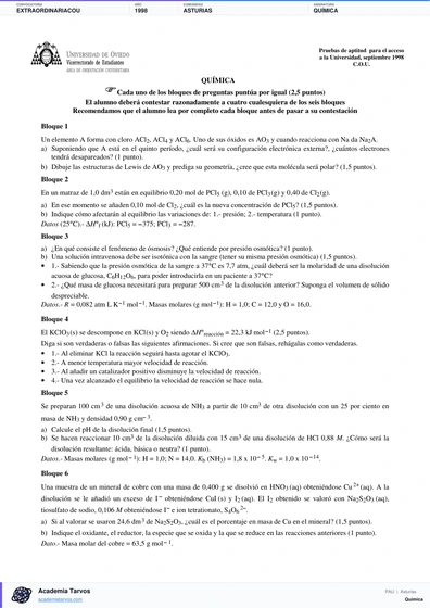 Vista previa de Examen PAU de Química de Asturias 1998 – Extraordinaria