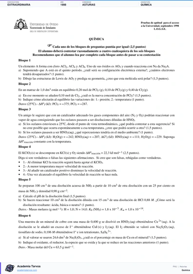 Vista previa de Examen PAU de Química de Asturias 1998 – Extraordinaria