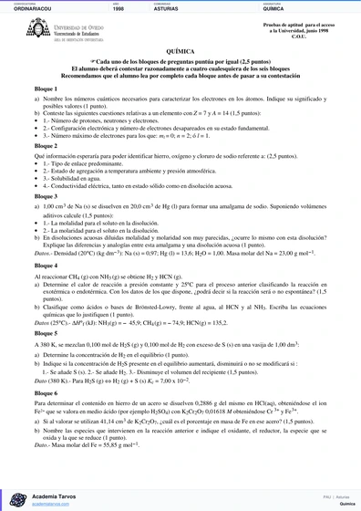 Vista previa de Examen PAU de Química de Asturias 1998 – Ordinaria
