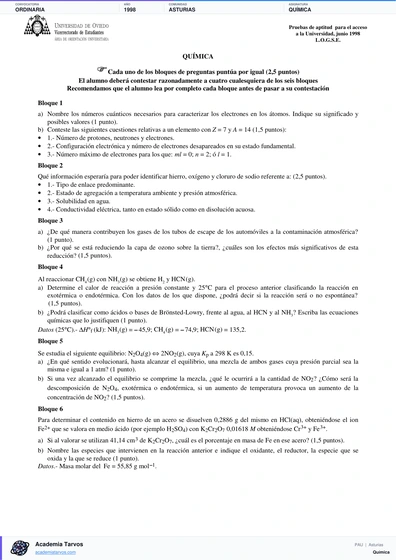 Vista previa de Examen PAU de Química de Asturias 1998 – Ordinaria