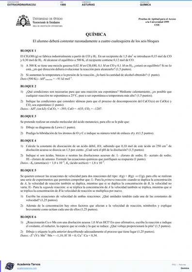 Vista previa de Examen PAU de Química de Asturias 1999 – Extraordinaria