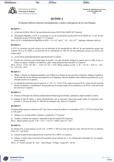 Vista previa de Examen PAU de Química de Asturias 1999 – Ordinaria