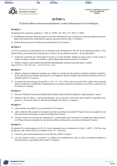 Vista previa de Examen PAU de Química de Asturias 1999 – Ordinaria