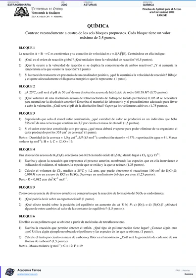 Vista previa de Examen PAU de Química de Asturias 2000 – Extraordinaria