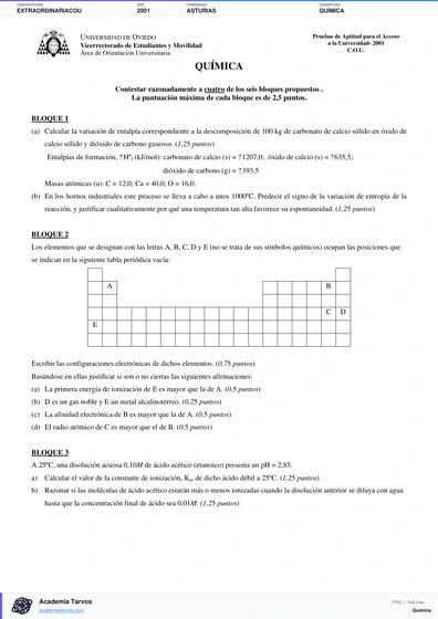 Vista previa de Examen PAU de Química de Asturias 2001 – Extraordinaria