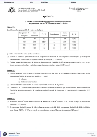 Vista previa de Examen PAU de Química de Asturias 2001 – Ordinaria