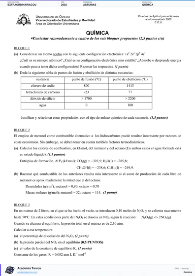Vista previa de Examen PAU de Química de Asturias 2002 – Extraordinaria