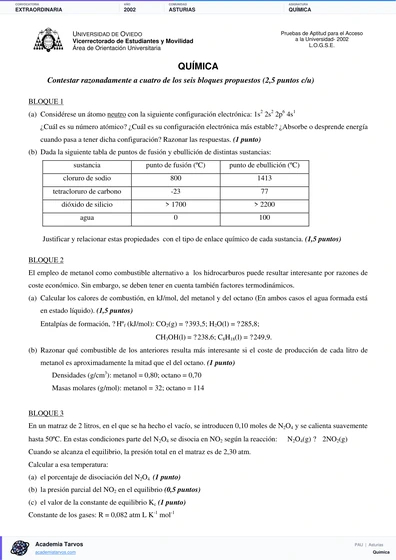 Vista previa de Examen PAU de Química de Asturias 2002 – Extraordinaria
