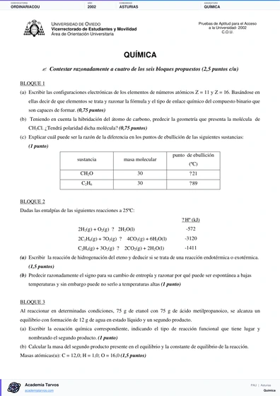 Vista previa de Examen PAU de Química de Asturias 2002 – Ordinaria