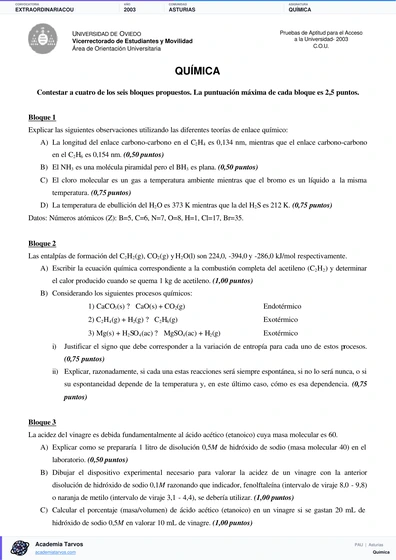 Vista previa de Examen PAU de Química de Asturias 2003 – Extraordinaria