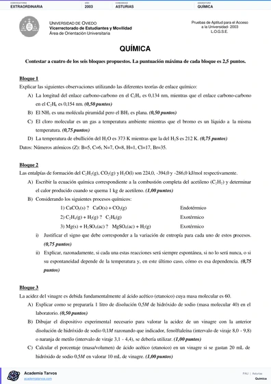 Vista previa de Examen PAU de Química de Asturias 2003 – Extraordinaria