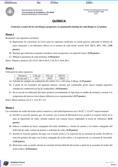 Vista previa de Examen PAU de Química de Asturias 2003 – Ordinaria