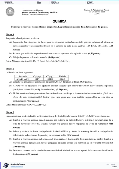 Vista previa de Examen PAU de Química de Asturias 2003 – Ordinaria