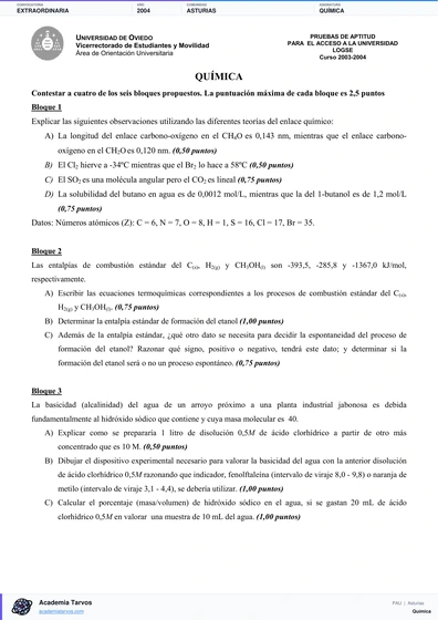 Vista previa de Examen PAU de Química de Asturias 2004 – Extraordinaria