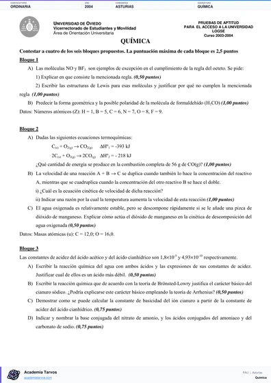 Vista previa de Examen PAU de Química de Asturias 2004 – Ordinaria