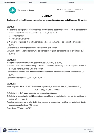 Vista previa de Examen PAU de Química de Asturias 2005 – Extraordinaria