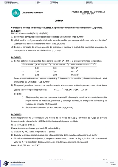 Vista previa de Examen PAU de Química de Asturias 2006 – Extraordinaria