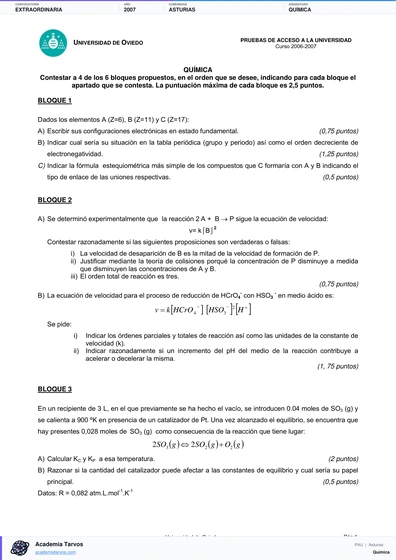 Vista previa de Examen PAU de Química de Asturias 2007 – Extraordinaria