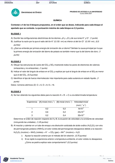 Vista previa de Examen PAU de Química de Asturias 2007 – Ordinaria