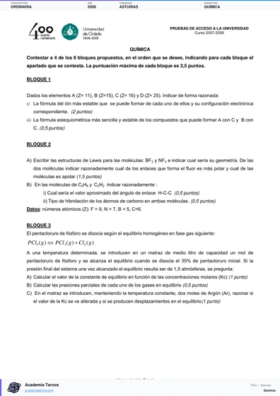 Vista previa de Examen PAU de Química de Asturias 2008 – Ordinaria