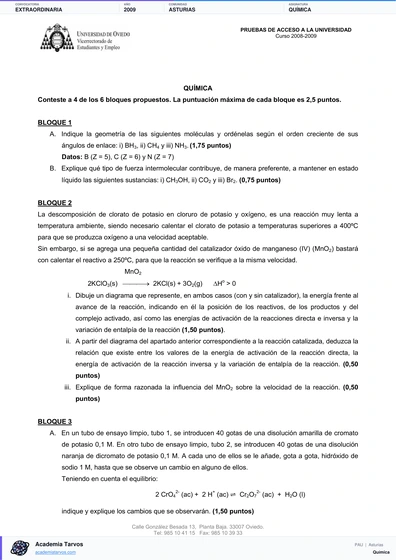 Vista previa de Examen PAU de Química de Asturias 2009 – Extraordinaria