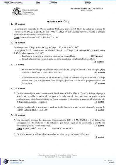 Vista previa de Examen PAU de Química de Asturias 2010 – Ordinaria Específica