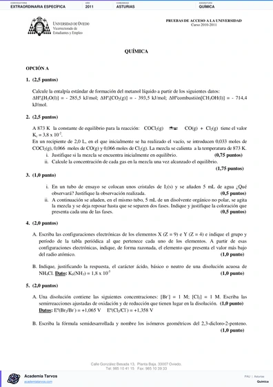 Vista previa de Examen PAU de Química de Asturias 2011 – Extraordinaria Específica