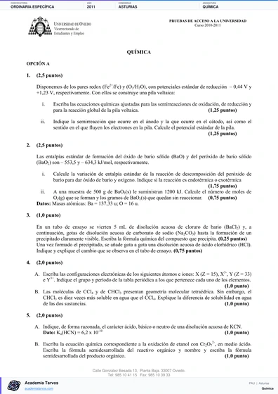 Vista previa de Examen PAU de Química de Asturias 2011 – Ordinaria Específica