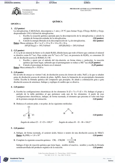Vista previa de Examen PAU de Química de Asturias 2011 – Ordinaria General
