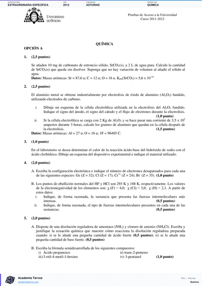 Vista previa de Examen PAU de Química de Asturias 2012 – Extraordinaria Específica