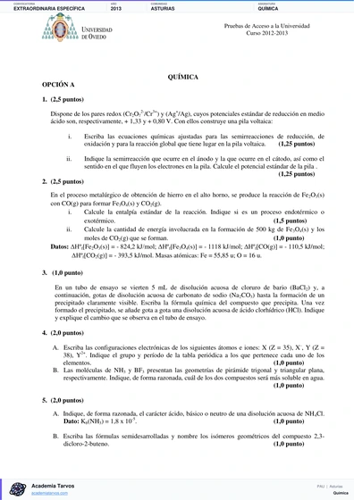 Vista previa de Examen PAU de Química de Asturias 2013 – Extraordinaria Específica