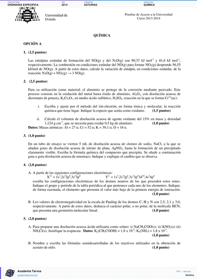 Vista previa de Examen PAU de Química de Asturias 2014 – Ordinaria Específica