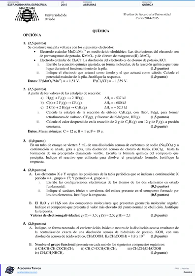 Vista previa de Examen PAU de Química de Asturias 2015 – Extraordinaria Específica