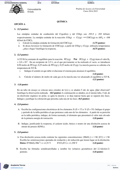 Vista previa de Examen PAU de Química de Asturias 2015 – Extraordinaria General
