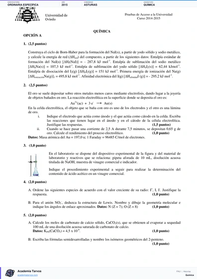 Vista previa de Examen PAU de Química de Asturias 2015 – Ordinaria Específica