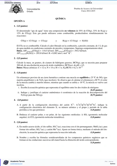 Vista previa de Examen PAU de Química de Asturias 2015 – Ordinaria General