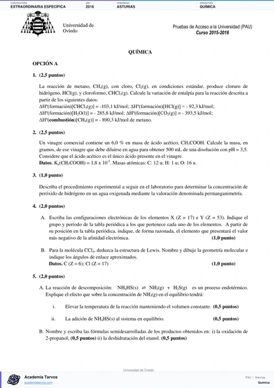 Vista previa de Examen PAU de Química de Asturias 2016 – Extraordinaria Específica