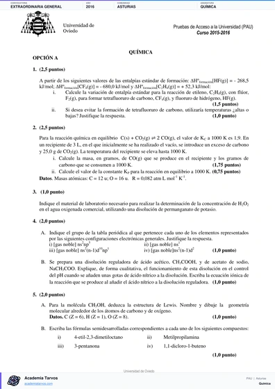 Vista previa de Examen PAU de Química de Asturias 2016 – Extraordinaria General