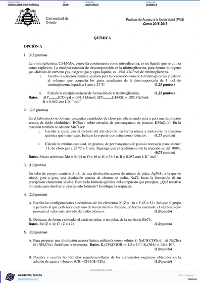 Vista previa de Examen PAU de Química de Asturias 2016 – Ordinaria Específica
