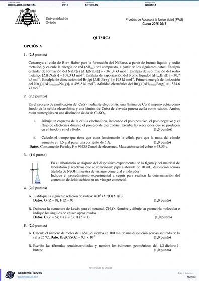Vista previa de Examen PAU de Química de Asturias 2016 – Ordinaria General