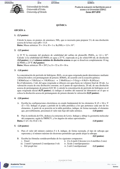Vista previa de Examen PAU de Química de Asturias 2018 – Ordinaria