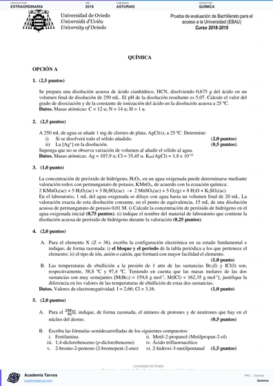 Vista previa de Examen PAU de Química de Asturias 2019 – Extraordinaria