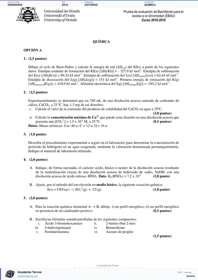 Vista previa de Examen PAU de Química de Asturias 2019 – Ordinaria